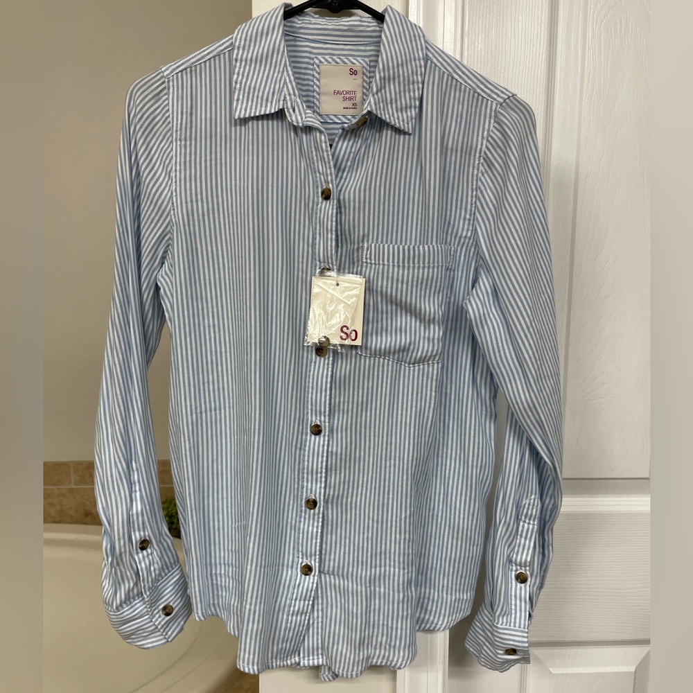 SO Women's XS Long-sleeve Button-down BLUE & White Striped Top